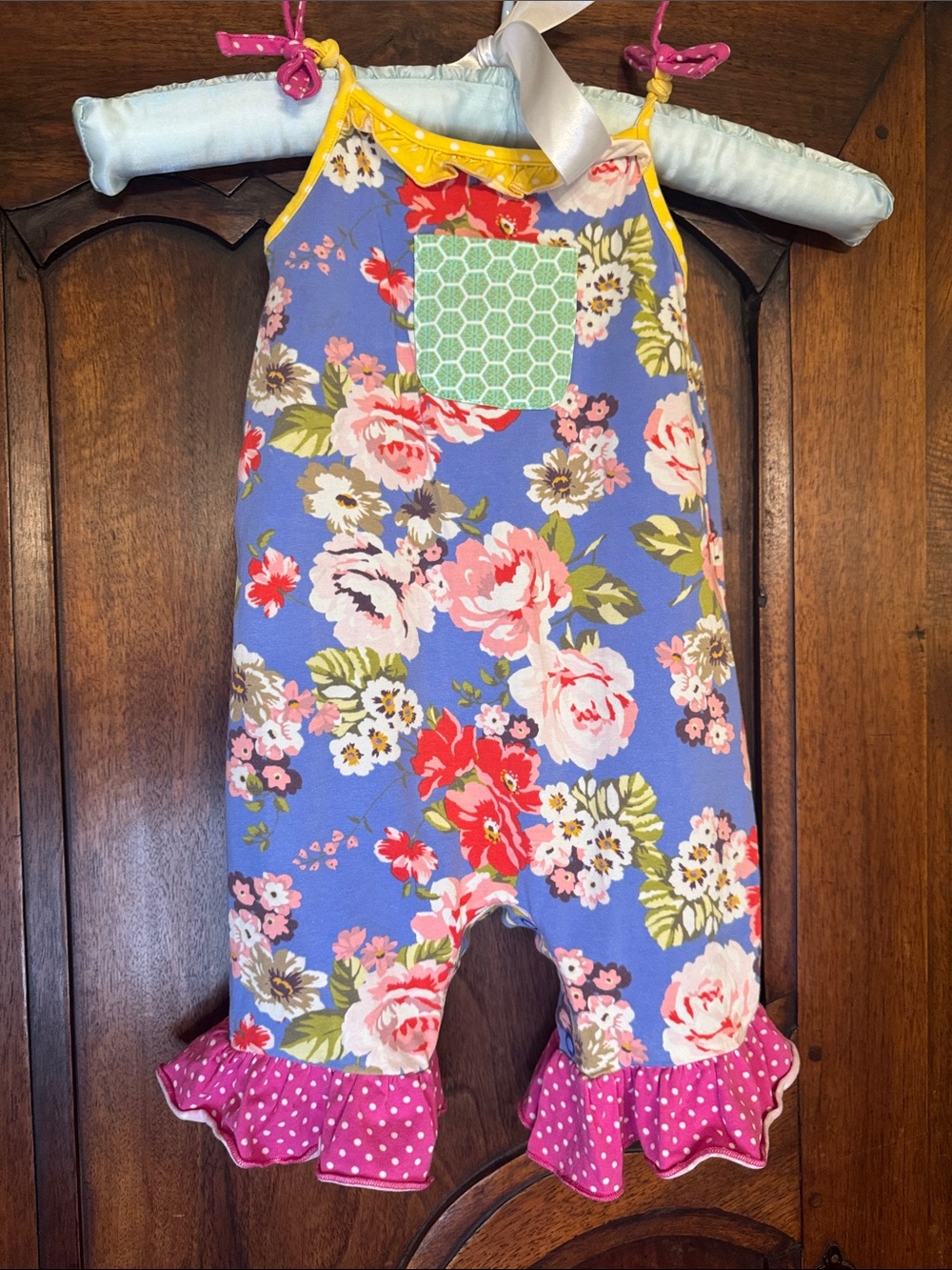 Matilda Jane Girls Floral Romper with Pink Ruffle Trim - Blue